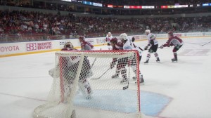 A common scene throughout the first period of the game. Photo by Jared Grellet.