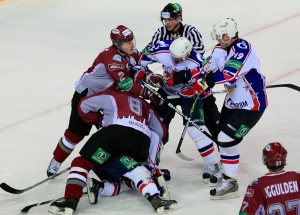 Sandis Ozoliņš reacted when Peter Chayarnik allegedly took out Edgars Masaļskis and a fight between the three broke out. Photo used courtesy of Dinamo Riga.