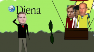 Latvian think-tank Providus created this South Park-style cartoon about the Diena staff walkout that supported media ownership transparency. The cartoon was shown at the Changing Media in Tomorrow's Democracy conference Wednesday. On the right side, top Diena editors Anita Brauna, Nellija Ločmele and Pauls Raudseps take a hot-air balloon out of their Diena office while managing director Alexandrs Tralmaks looks on.