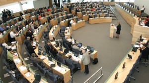 All 76 members of the Seimas that were present for the session voted for the expense account cut. Photo by Nathan Greenhalgh.