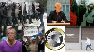 Clockwise from top left: a man pleads with police at the Jan. Seimas riot (Photo by Nathan Greenhalgh); Lithuanian President Dalia Grybauskaitė at a press conference (Photo by Nathan Greenhalgh); Young women in Lithuania wear surgical masks during swine flu pandemic (Photo by Sco); one of many high street storefronts in Vilnius vacated by the crisis (Photo by Andrew Batley); the Estonian euro design, which could be minted by 2011; a student protesting the 2010 national budget in Riga (Photo by Thorsten. Chr. Pohlmann); photo of alleged murder Drąsius Kedys.