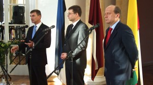 The three Baltic prime ministers (from left: Estonia's Andrus Ansip, Latvia's Valdis Dombrovskis and Lithuania's Andrius Kubilius) stressed a unified approach to the problems facing their countries. Photo by Harry Callan.