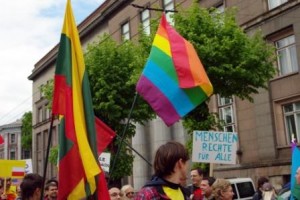 Baltic Pride 2010 is coming to Vilnius in May, but it remains to be seen how much city hall will resist the event. Here, demonstrators carry a rainbow flag and Lithuanian flat at Baltic Pride 2009 in Riga.