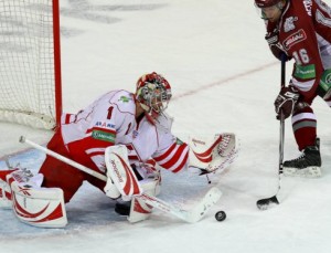 Robert Petrovicky goes seeking his second of the night, before seeing the game out from the bench following a confrontation in the final period. Photo used courtesy of Dinamo Riga.