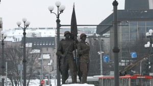 It's unclear when the Green Bridge statues, one of the last Soviet monuments still displayed in Vilnius, will be renovated. Photo by Nathan Greenhalgh.