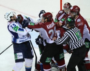 Mārtiņš Karsums gets in a brawl with a MVD's Ruslan Zainullin.