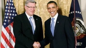 U.S. President Barack Obama (right) shakes hands with Latvian President Valdis Zatlers Thursday before the dinner meeting.